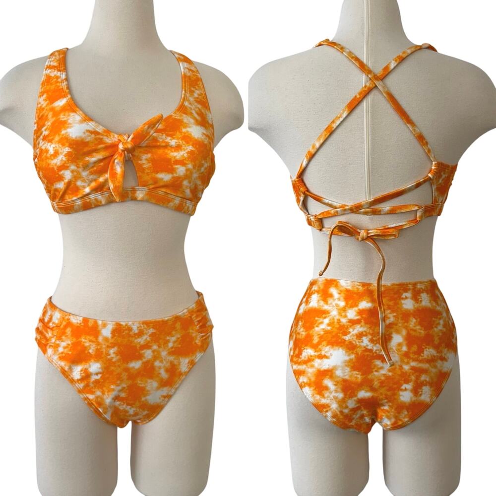 Cupshe Regina Tie-Dye Lace Up Ruched Bikini Swim SET Orange White Large NWT
